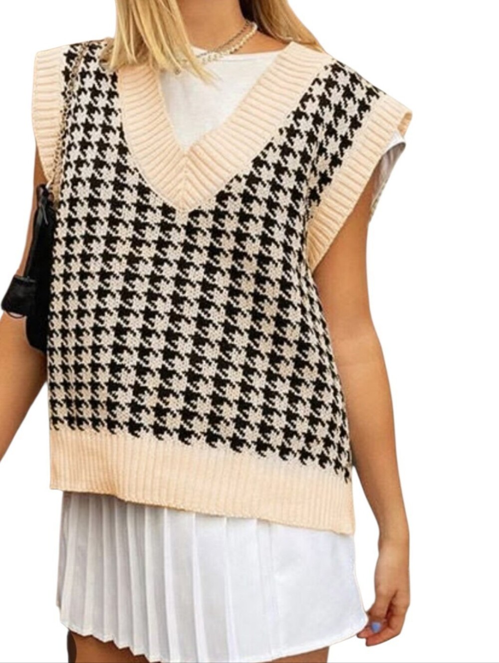 Women's Oversize Fit Houndstooth Print Vest Sz Medium